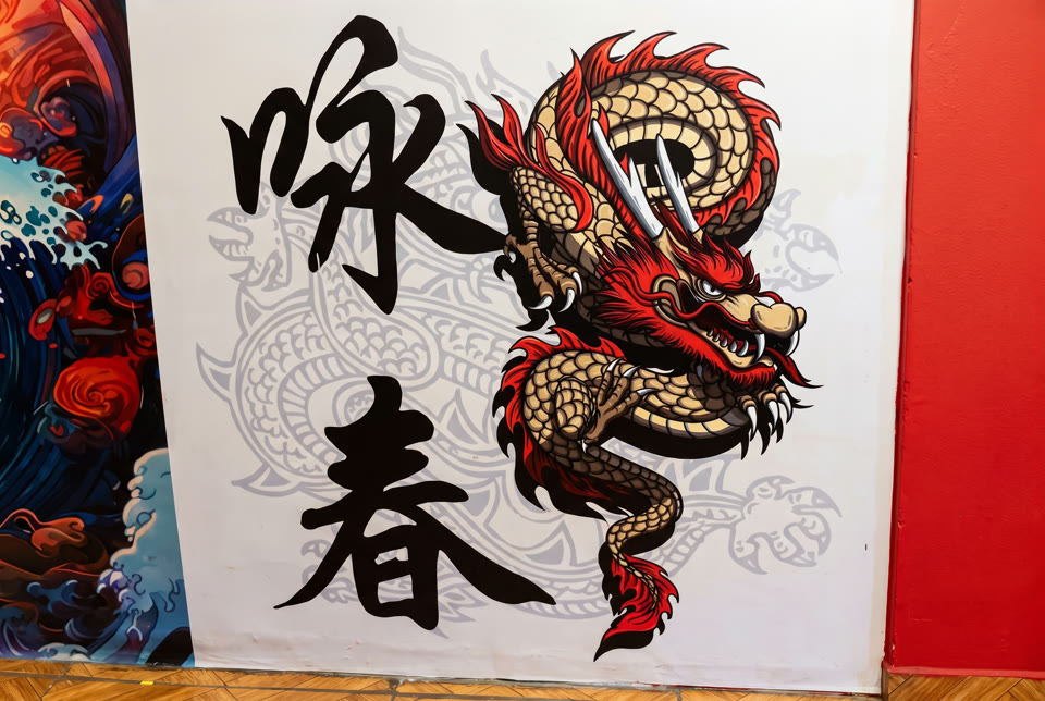 El mural del dragón en el segundo piso del salón
