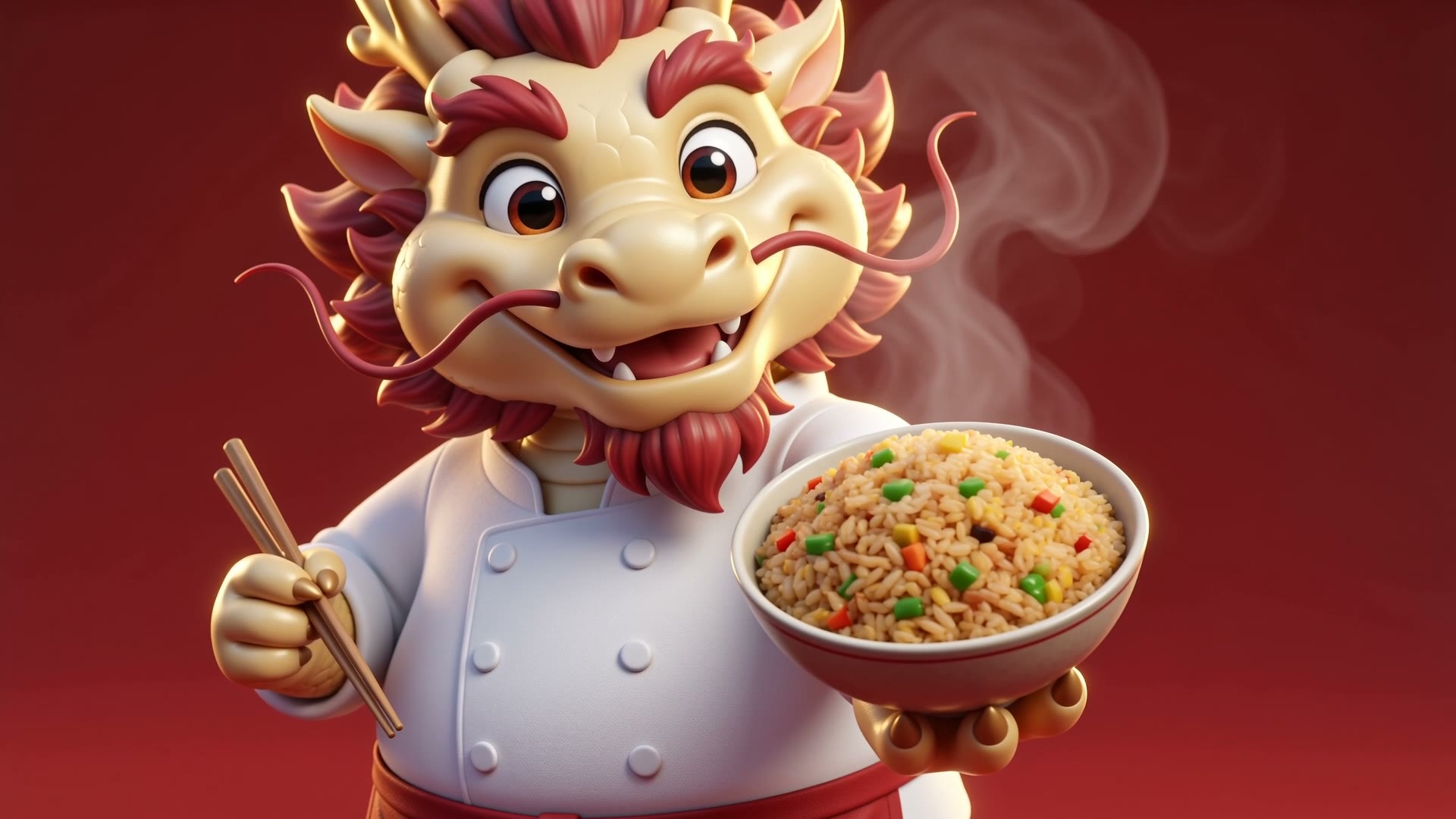 El dragón cocinero de Chifa Nanjing con un tazón de chaufa humeando